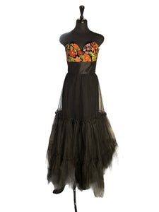 Black Tulle Dress with Embroidered Flowers