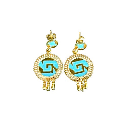 Oro de Monte Alban Chimalli Gold and Blue Earrings